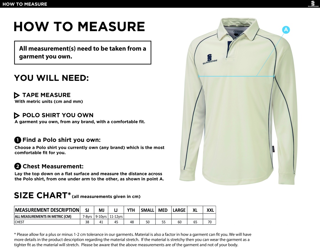 Holmewood CC premier long sleeve shirt - Size Guide