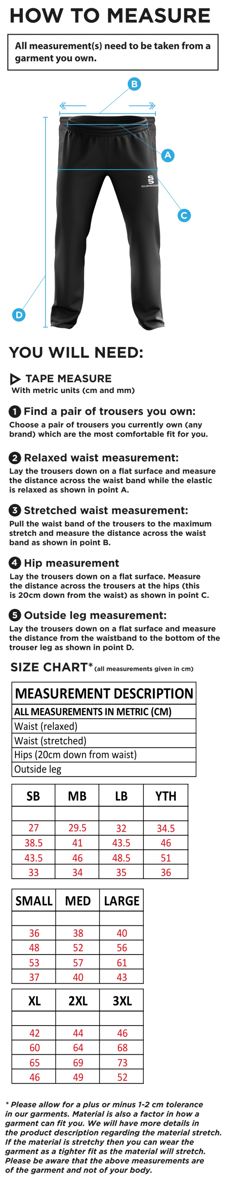 Holmewood CC rip stop tracksuit pants - Size Guide