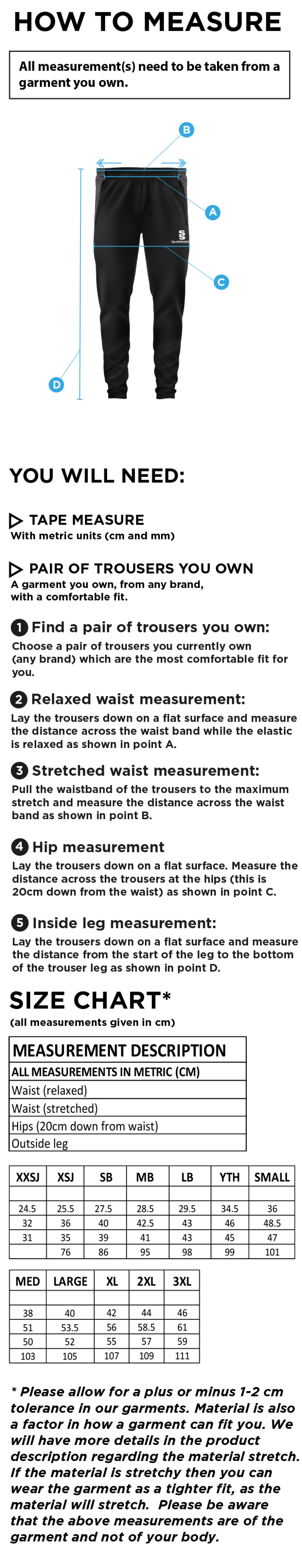 Holmewood CC tek skinny playing pants - Size Guide