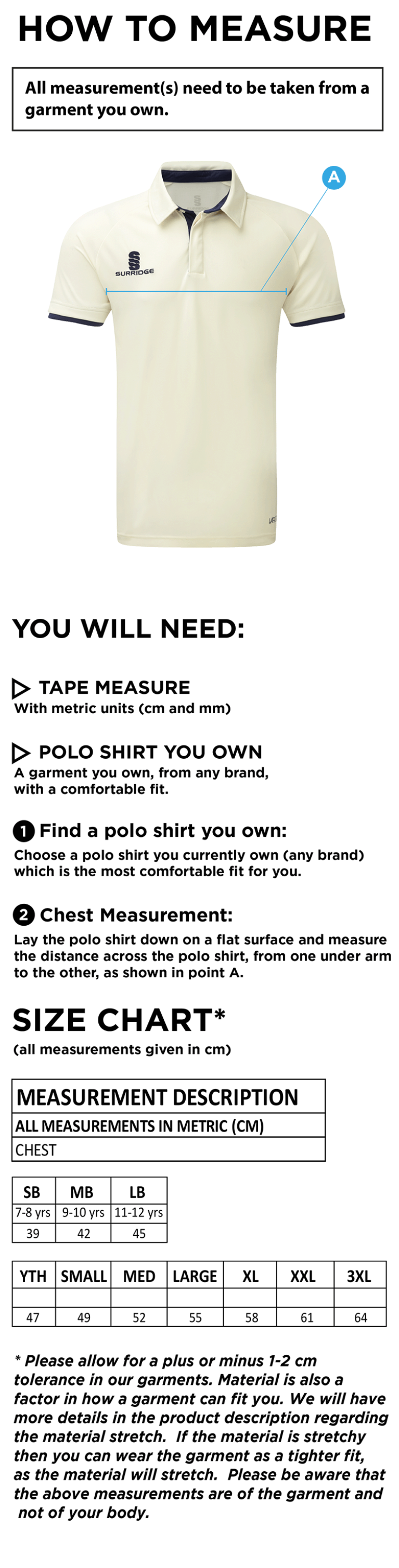 Holmewood CC tek playing shirt - Size Guide