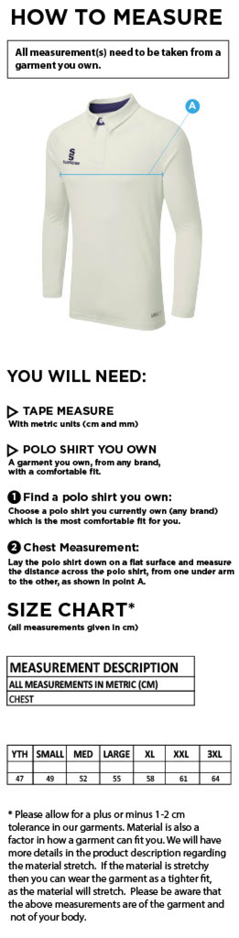 Holmewood CC tek long sleever playing shirt - Size Guide