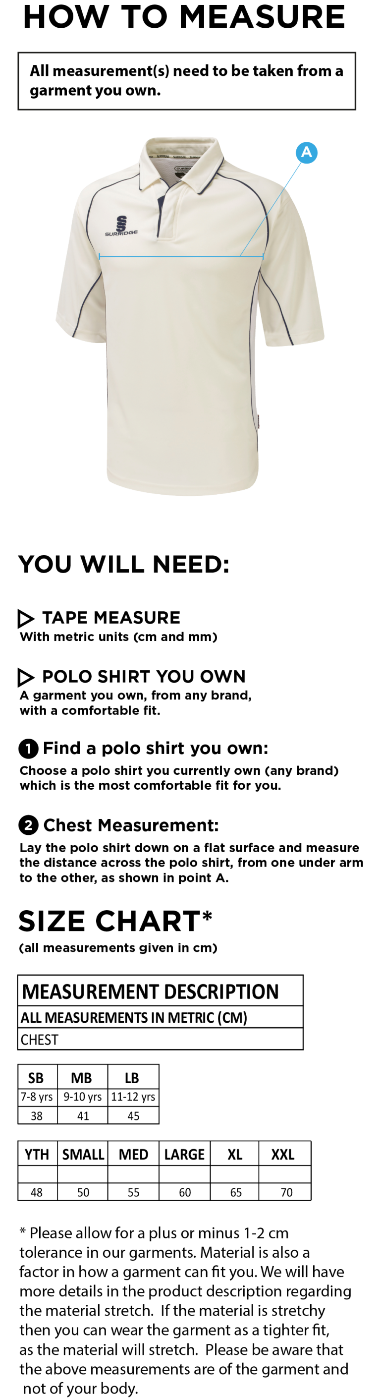 Holmewood CC 3/4 premier shirt - Size Guide