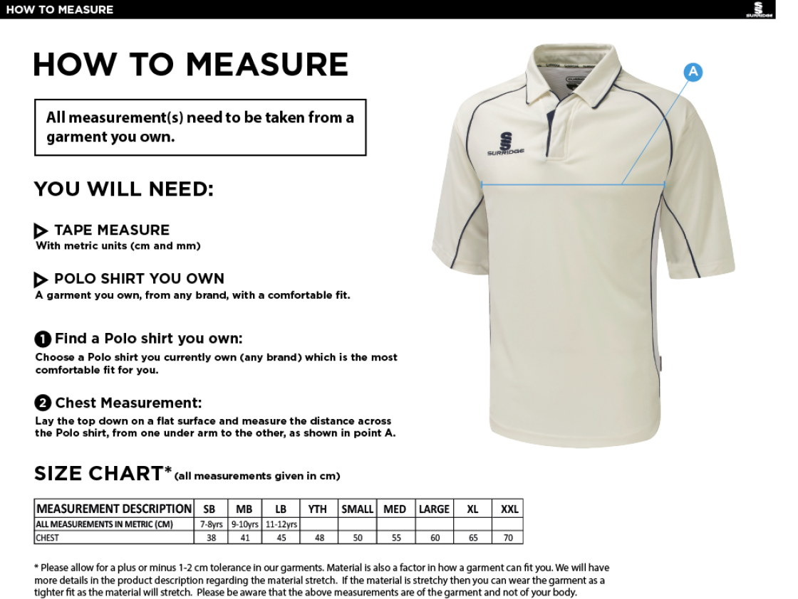 Holmewood CC 3/4 premier shirt - Size Guide