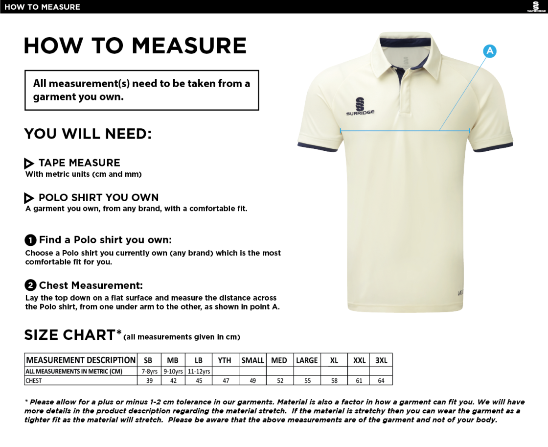 Holmewood CC tek playing shirt - Size Guide