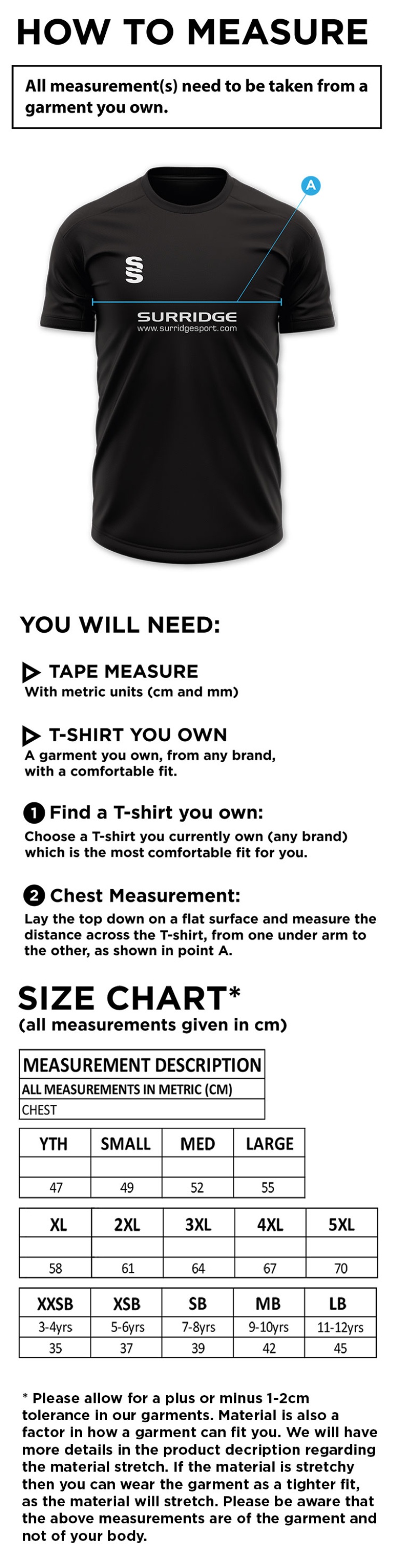 Holmewood CC blade training shirt - Size Guide