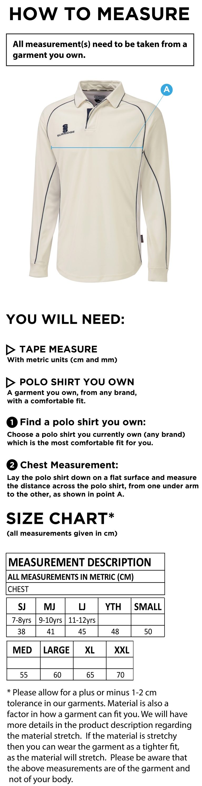 Holmewood CC premier long sleeve shirt - Size Guide