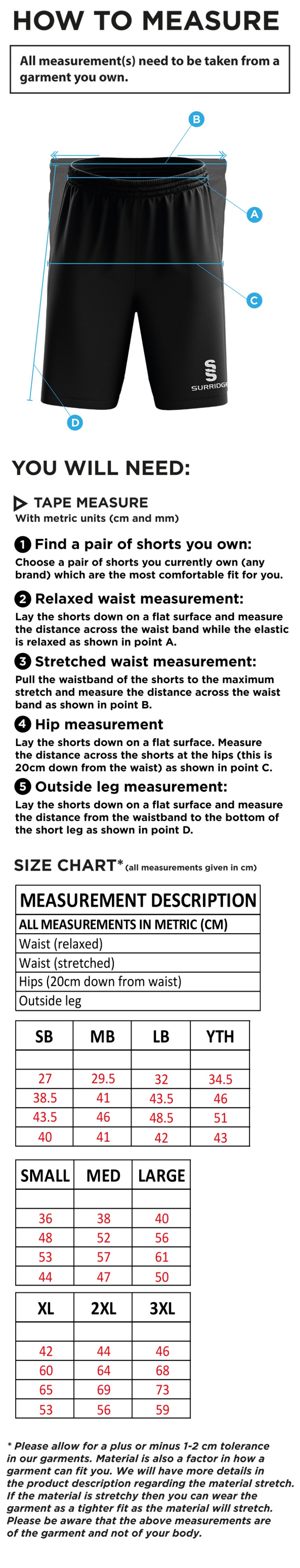 Holmewood CC ripstop training shorts - Size Guide