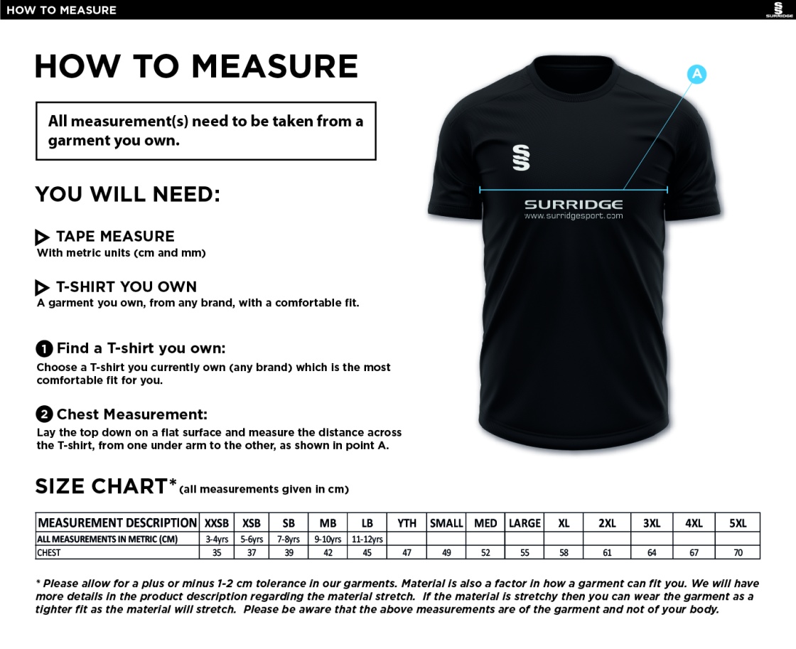 Holmewood CC blade training shirt - Size Guide