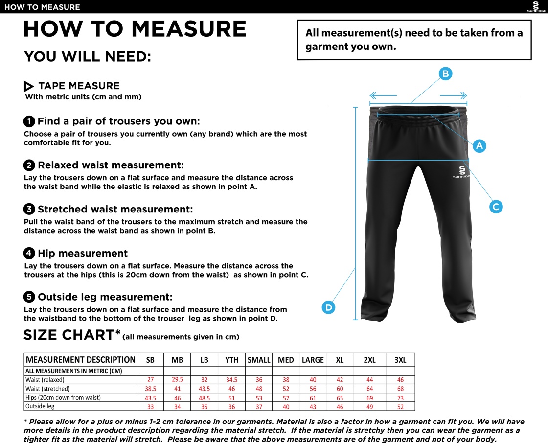 Holmewood CC rip stop tracksuit pants - Size Guide