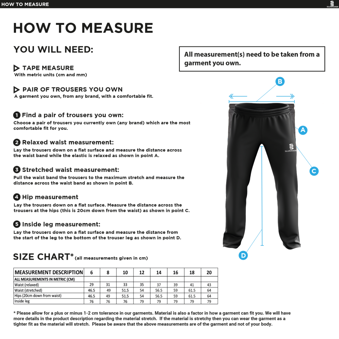 holmewood cc Classic Tracksuit Pant 3/4 Zip Length Navy Female - Size Guide