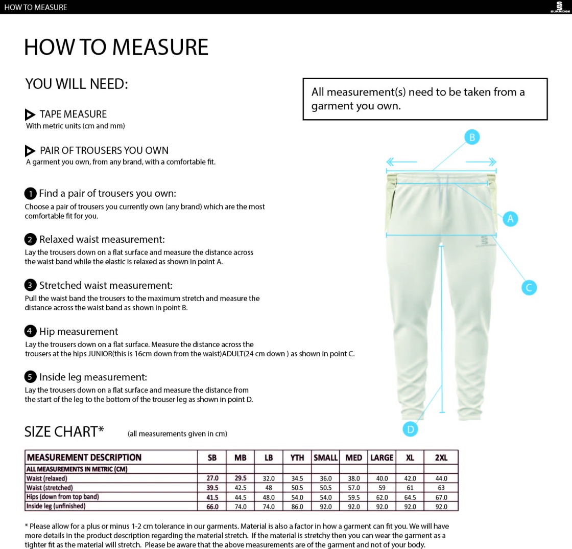 Holmewood CC Cricket Club Tek Playing Trousers - Size Guide