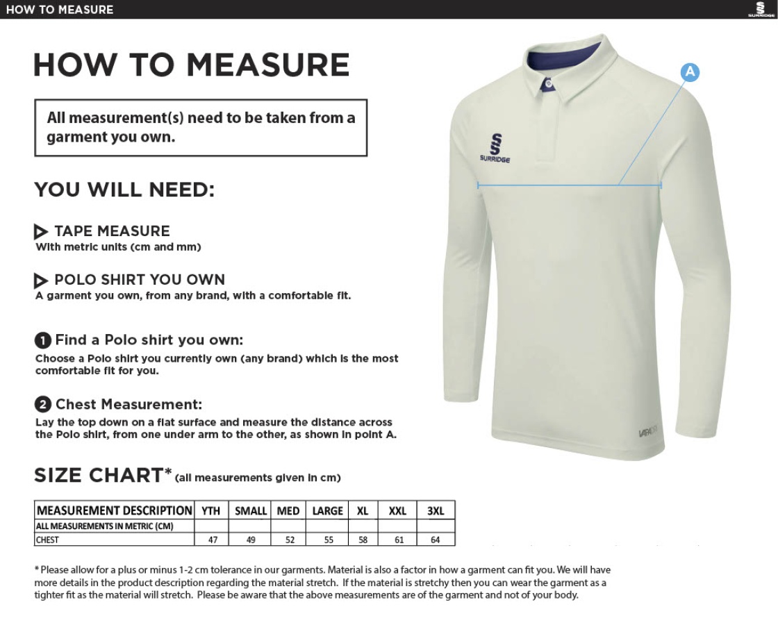 Holmewood CC tek long sleever playing shirt - Size Guide