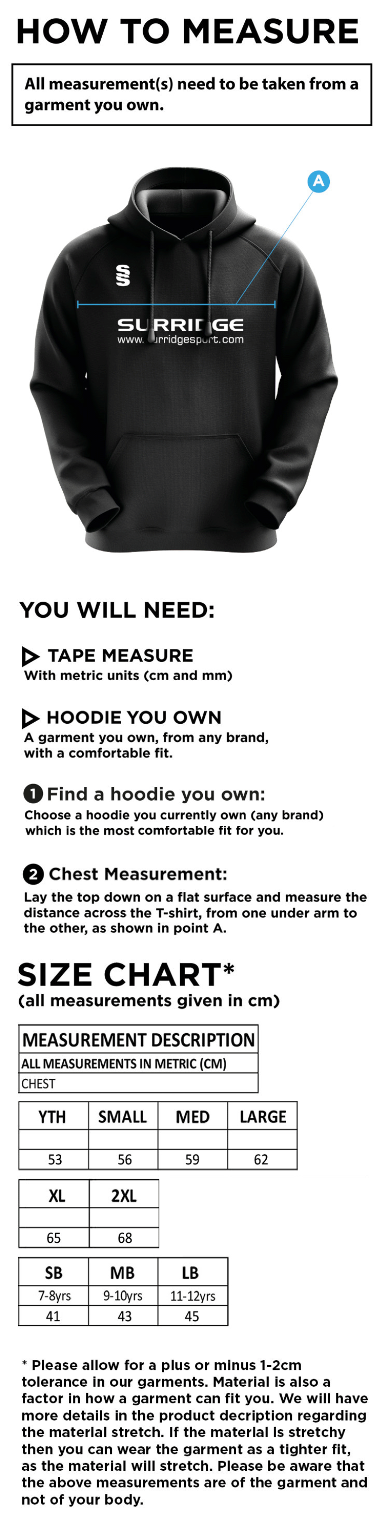 Holmewood CC blade hoody - Size Guide