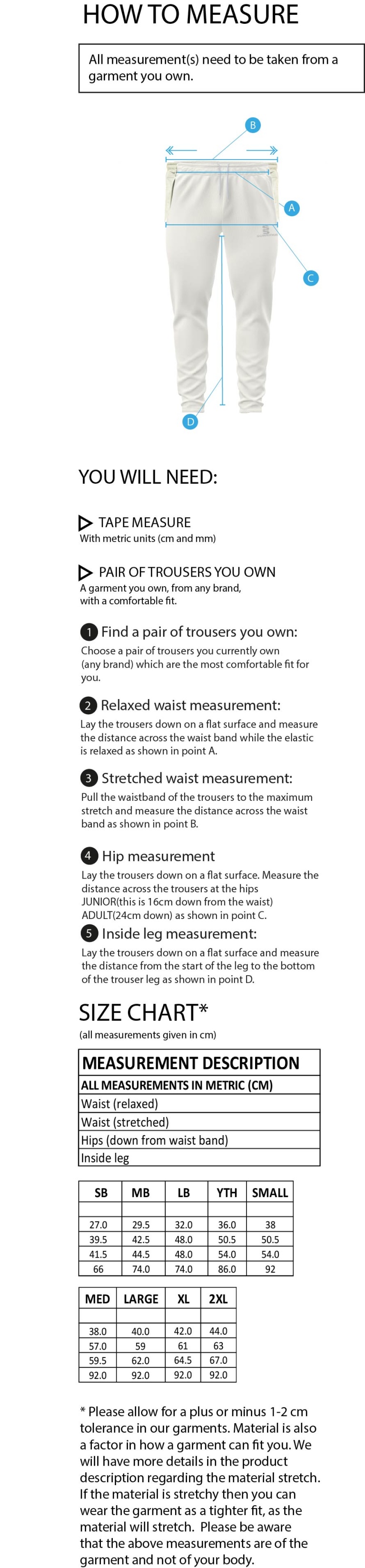Holmewood CC Cricket Club Tek Playing Trousers - Size Guide